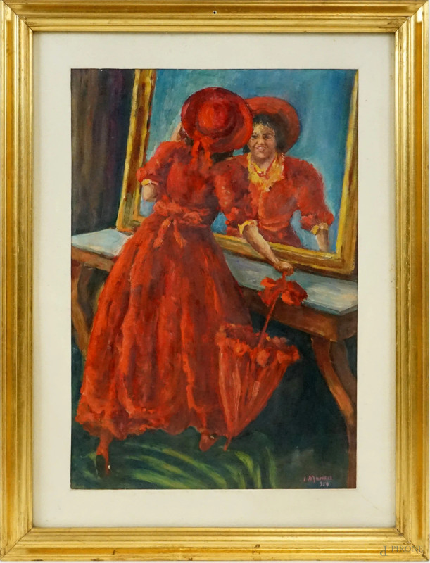 Ildebrando Monaci : Allo specchio, olio su cartone, cm 61x42, entro cornice.  - Asta I TORNATA DI ASTA A TEMPO DI ARTE MODERNA E ANTIQUARIATO - Aste Pirone