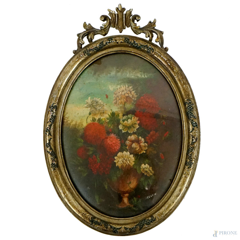 Vaso con fiori, olio su masonite, cm 23x16, firmato, entro cornice ad assetto ovale.  - Asta ASTA DI ANTIQUARIATO E ARTE MODERNA - Aste Pirone