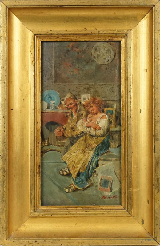 Tito Pellicciotti : Interno con figure, olio su tavola, cm 30x15,5, entro cornice  - Asta ASTA DI ANTIQUARIATO - Aste Pirone