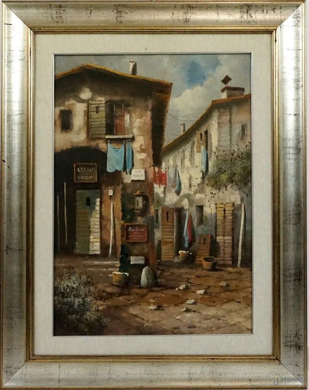 Guido Borelli : Scorcio di borgo, olio su tela, cm 70x50, entro cornice.  - Asta I TORNATA DI ASTA A TEMPO DI ARTE MODERNA E ANTIQUARIATO - Aste Pirone