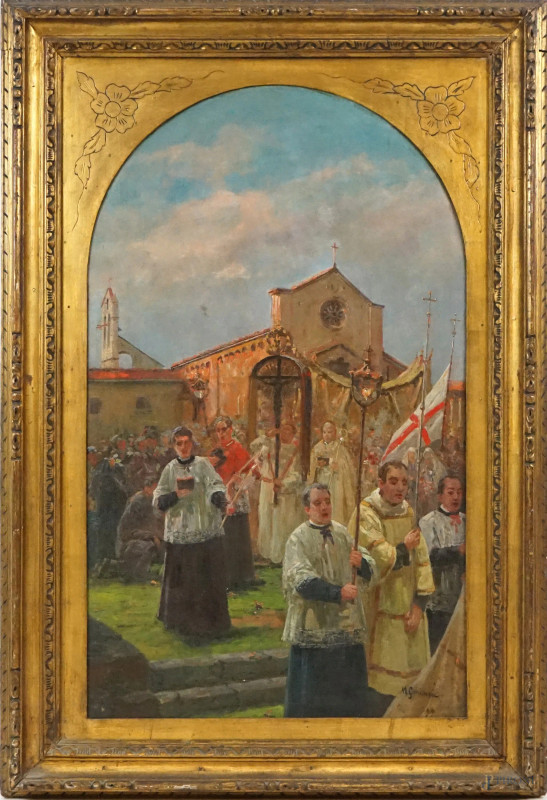 La processione, olio su tela, cm 102,5x62, firmato M.Garinei, entro cornice  - Asta ASTA DI ANTIQUARIATO - Aste Pirone