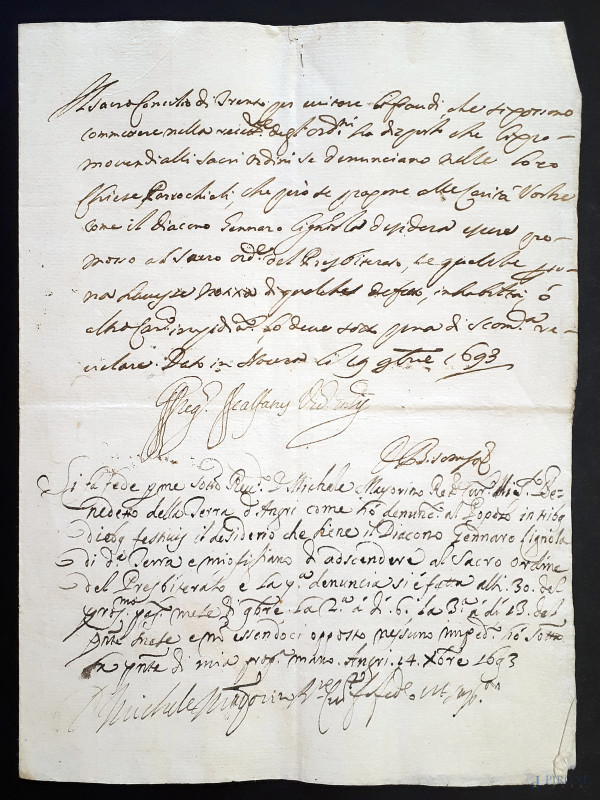 Antico manoscritto del 1693 su carta vergata e filigranata  - Asta ASTA A TEMPO DI FINE STAGIONE - Aste Pirone