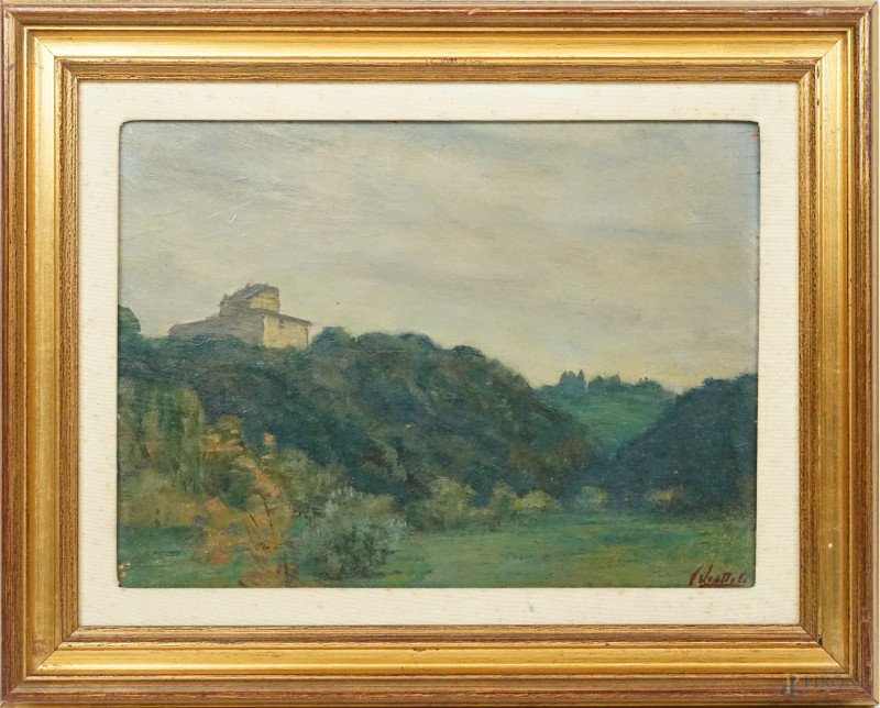 Paesaggio con casolare, olio su compensato, cm 27x37, firmato, entro cornice.  - Asta ASTA A TEMPO DI ANTIQUARIATO E ARTE MODERNA - Aste Pirone