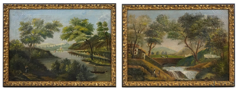 Coppia di paesaggi, olio su tela, cm 40x55,5, firma illegibile, entro cornici  - Asta II TORNATA DI ASTA DI ARTE MODERNA E ANTIQUARIATO - Aste Pirone