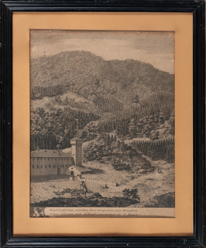 Veduta montana con pastore e gregge, XIX secolo, stampa su carta, cm 65,5x53 compreso passepartout, entro cornice, (segni di usura, foxing, gore, ondulazioni della carta, lacerazioni)  - Asta ASTA A TEMPO | VARIÆ	 - Aste Pirone