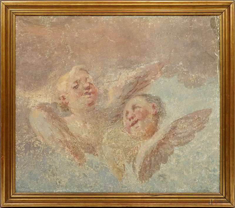 Attr. a Vincenzo Orelli (Locarno, 1751 – Bergamo, 1813), Teste di cherubini, affresco riportato su tela, cm 74,5x65, entro cornice  - Asta ASTA A TEMPO DI ANTIQUARIATO E ARTE MODERNA – DUE SESSIONI - Aste Pirone