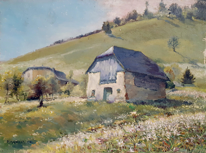 A. Maguenat (XX sec.), Paesaggio collinare con cascina, olio su tavola, cm 35x26, firmato e datato 1914 .  - Asta ASTA DI ARTE MODERNA E ANTIQUARIATO - Aste Pirone