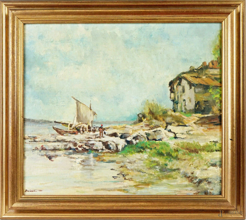 Marina, olio su cartone telato, cm 35x39,5, firmato, entro cornice  - Asta II TORNATA DI ASTA DI ARTE MODERNA E ANTIQUARIATO - Aste Pirone