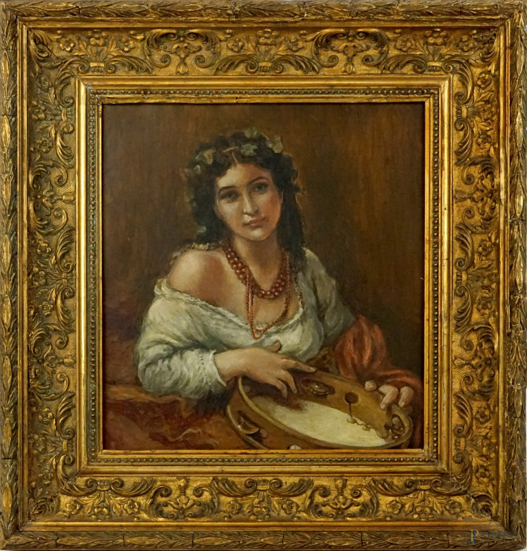 Gitana, olio su rame, cm 35,5x32,5, XX secolo, entro cornice.  - Asta ASTA DI ANTIQUARIATO E ARTE MODERNA - Aste Pirone