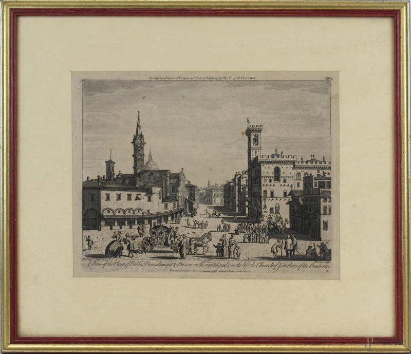 Veduta della Badia Fiorentina e del Palazzo del Potestà a Firenze, incisione inglese del XVIII secolo, cm 21x27, entro cornice.  - Asta ANTIQUARIATO E ARTE MODERNA - Aste Pirone