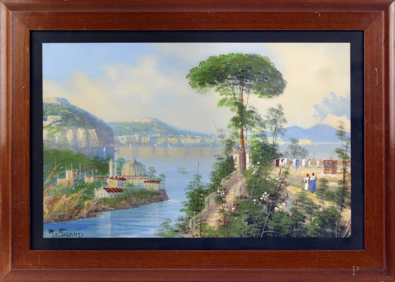 M. Gianni : Golfo di Napoli, gouache su carta, cm 30x48, entro cornice.  - Asta Asta a Tempo di Antiquariato e Arte Moderna - Aste Pirone