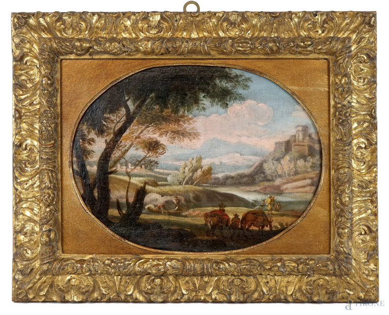 Pittore del XVIII secolo, Paesaggio con figure ed armenti, olio su tela, cm 24,5x31, entro cornice ad assetto ovale.  - Asta ASTA DI ANTIQUARIATO E ARTE MODERNA - Aste Pirone