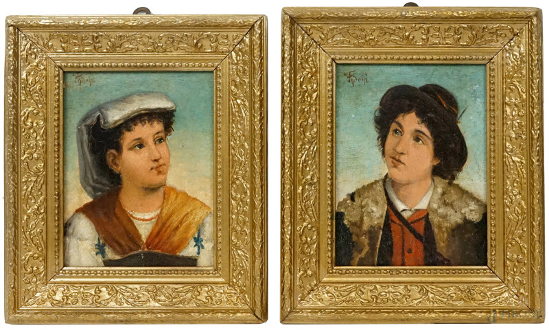 Ritratti di popolana e pastorello, coppia di dipinti ad olio su tavola, cm 23x18, firmati in alto a sinistra, entro cornici.  - Asta ASTA A TEMPO DI ANTIQUARIATO E ARTE MODERNA - Aste Pirone