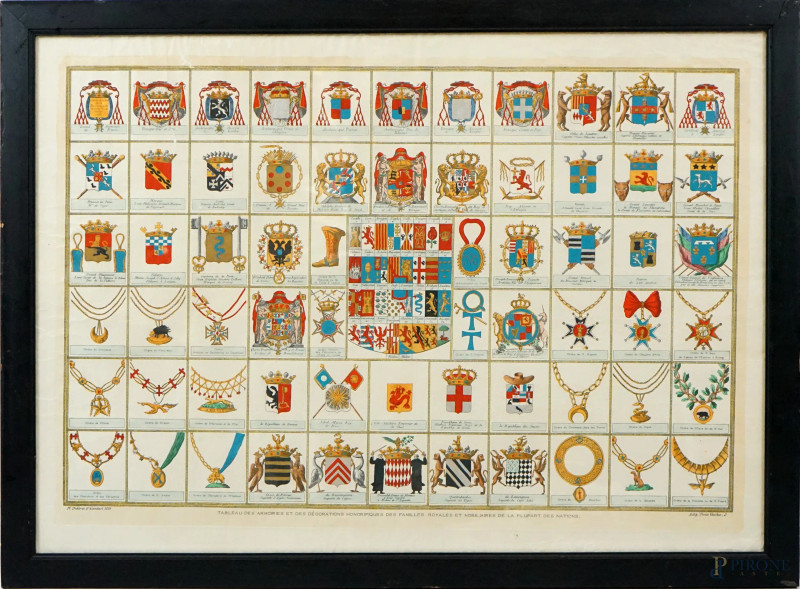 Tableau des armoiries et des decorations honorifiques des familles royales et nobiliares de la plupart des nations, stampa a colori, cm 56x79, entro cornice, (difetti)  - Asta II TORNATA DI ASTA DI ARTE MODERNA E ANTIQUARIATO - Aste Pirone