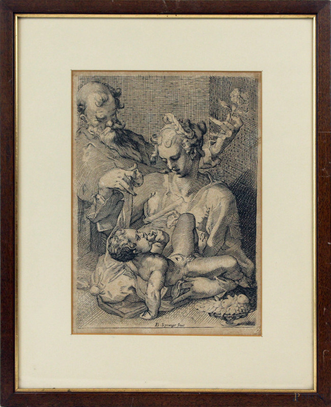 Sacra Famiglia, incisione, cm 33x16,5, inventore Bartholomaeus Spranger (1546-1611), entro cornice.  - Asta ANTIQUARIATO E ARTE MODERNA - Aste Pirone