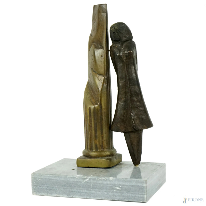 Figura femminile alla colonna, scultura in bronzo, cm h 21, siglata, base in marmo grigio, (difetti).  - Asta ASTA DI ARTE MODERNA, CONTEMPORANEA E VINTAGE - Aste Pirone