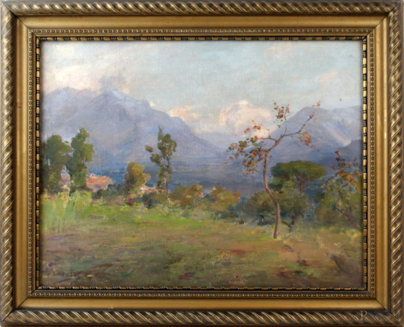 Leopoldo Galeota, Paesaggio montano, olio su tela, cm 41x51, entro cornice.  - Asta PRIMA TORNATA D' ASTA A TEMPO DI FINE STAGIONE - Aste Pirone