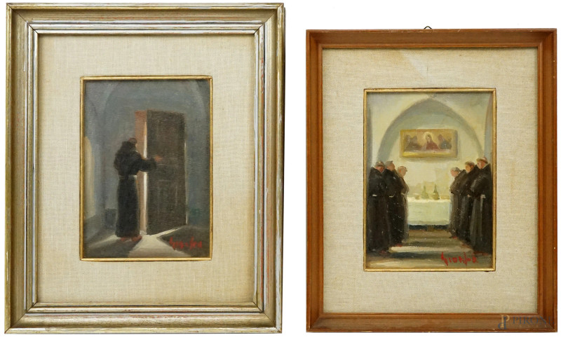 Ortensio Gionfra : Due dipinti ad olio su tela raffiguranti frate francescano e fratelli in preghiera, cm 18x13, entro cornici.  - Asta ASTA A TEMPO DI ANTIQUARIATO E ARTE MODERNA - Aste Pirone