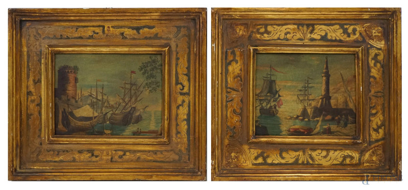 Coppia di marine con castello e imbarcazioni, olio su tavola, cm 20x24,5, XX secolo, entro cornici.  - Asta ASTA DI ANTIQUARIATO E ARTE MODERNA - Aste Pirone