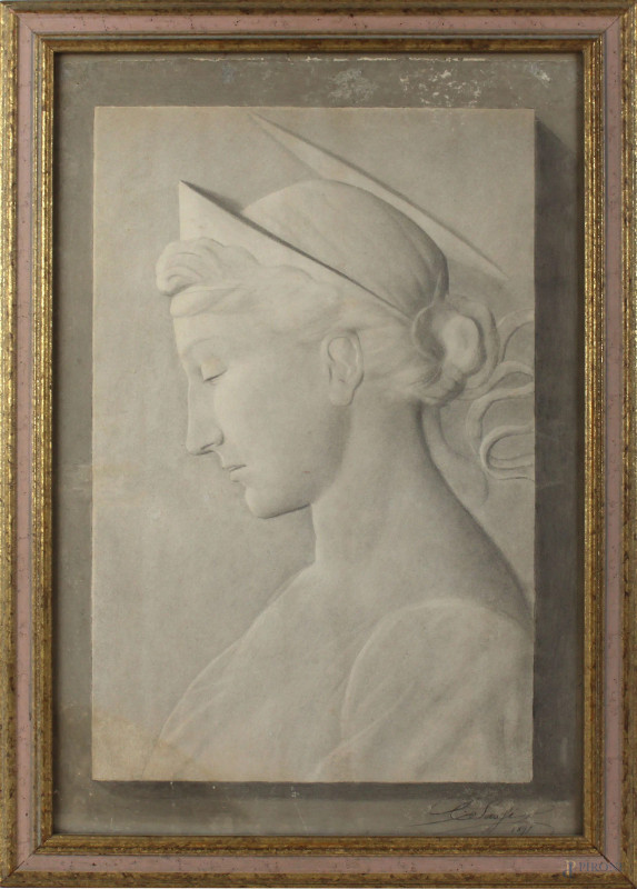 Santa Cecilia, da Donatello, disegno a matita su carta , cm 55x36,5, firmato, entro cornice.  - Asta Asta a Tempo di Antiquariato e Arte Moderna - Aste Pirone