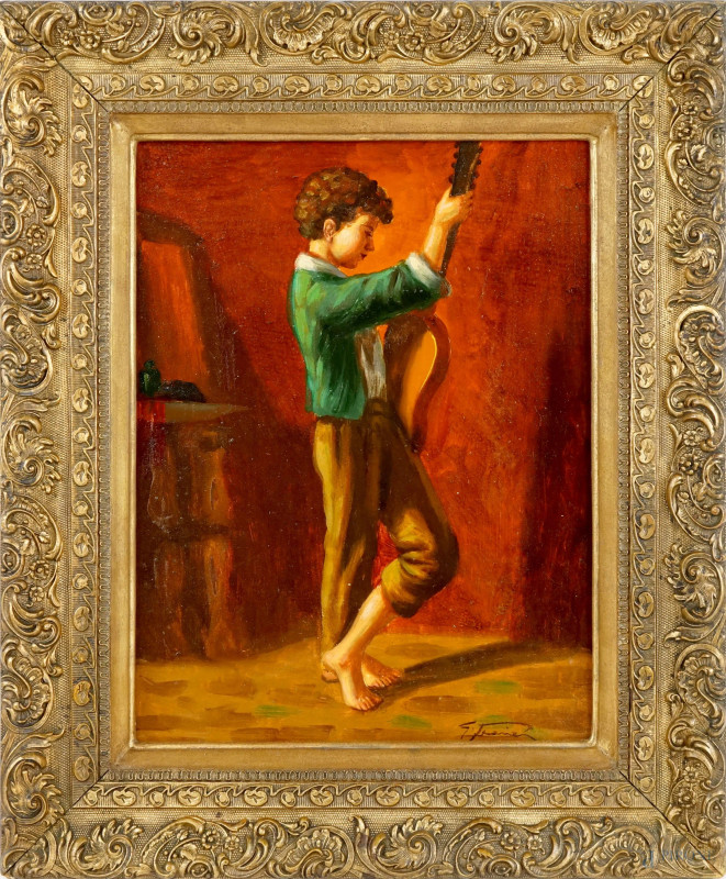 Ragazzo con chitarra, olio su tela, cm 40,5x30, firmato, entro cornice.  - Asta ASTA DI ANTIQUARIATO E ARTE MODERNA - Aste Pirone