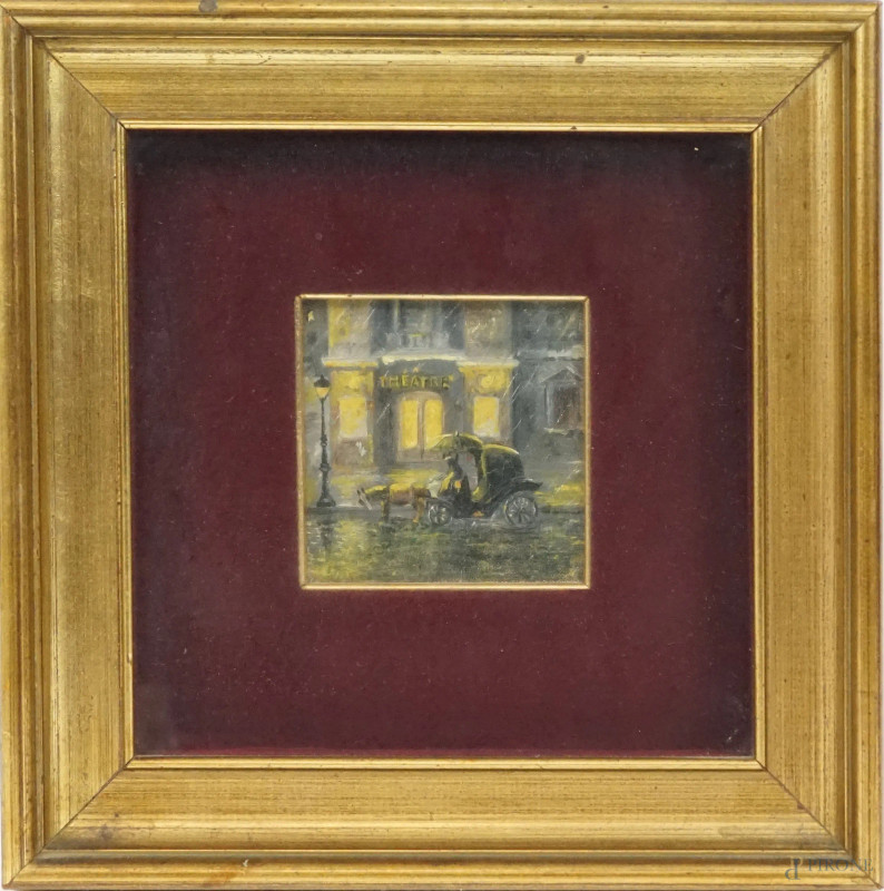 Theatre, olio su cartone telato, cm 10x10,5, XX secolo, entro cornice.  - Asta ASTA A TEMPO DI ANTIQUARIATO E ARTE MODERNA - Aste Pirone