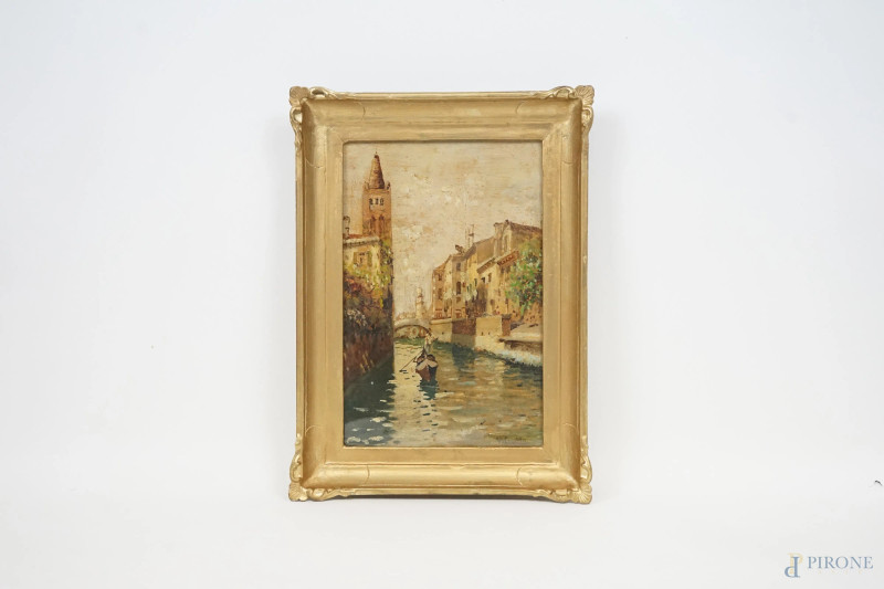 Canale con gondoliere, olio su compensato, cm 30x20, firmato, entro cornice.  - Asta ASTA A TEMPO DI ANTIQUARIATO E ARTE MODERNA - Aste Pirone