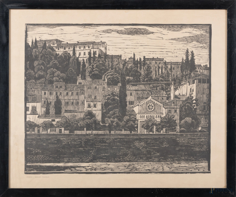 Firenze - Lungarno Torrigiani, XX secolo, stampa su carta, cm 56,5x68, entro cornice, (segni di usura, ondulazioni e ossidazioni della carta, tracce di umidità)  - Asta ASTA A TEMPO | VARIÆ	 - Aste Pirone