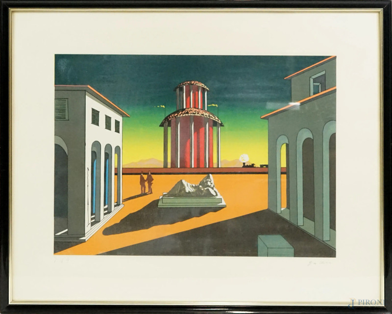 Giorgio De Chirico : Piazza d'Italia, prova d'autore, cm 84,5,5x66,5, entro cornice.  - Asta ASTA A TEMPO DI ANTIQUARIATO E ARTE MODERNA – DUE SESSIONI - Aste Pirone