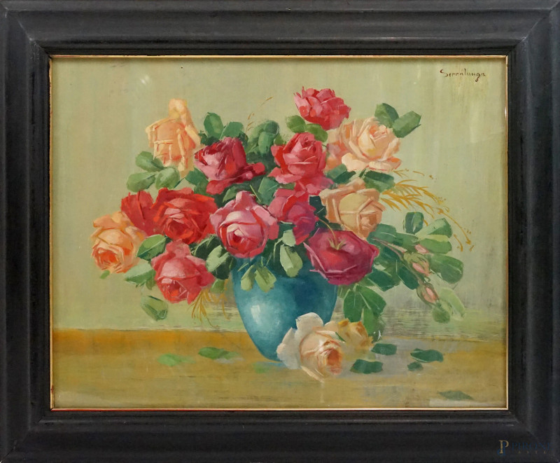 Vaso con rose, olio su cartone, cm 53x68, firmato in alto a destra, entro cornice.  - Asta ASTA A TEMPO DI ANTIQUARIATO E ARTE MODERNA - Aste Pirone