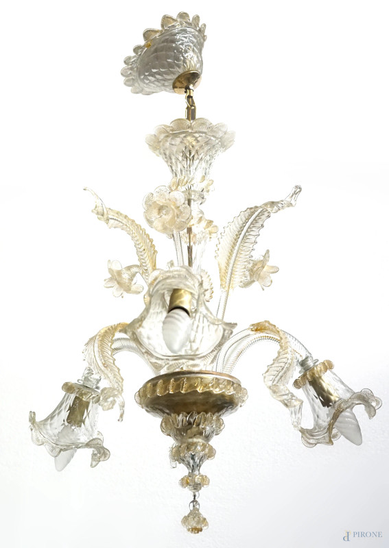 Lampadario in vetro di Murano  trasparente a tre luci con inclusioni a foglia d'oro, XX secolo.  - Asta ASTA A TEMPO DI ANTIQUARIATO E ARTE MODERNA - Aste Pirone