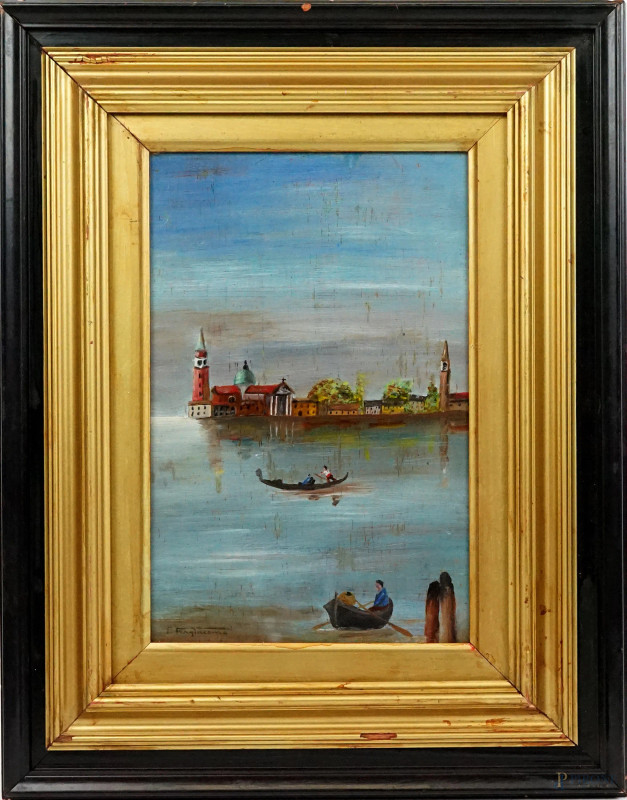 Gondole a Venezia, olio su tavola, cm 30x21, firmato, entro cornice.  - Asta ASTA A TEMPO - Aste Pirone