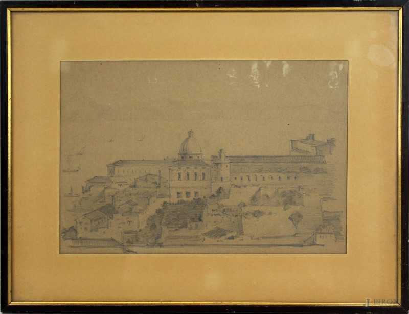 Paesaggio con architetture, disegno a matita su carta, cm 19x27,5, entro cornice.  - Asta ASTA DI ARTE MODERNA E ANTIQUARIATO - Aste Pirone