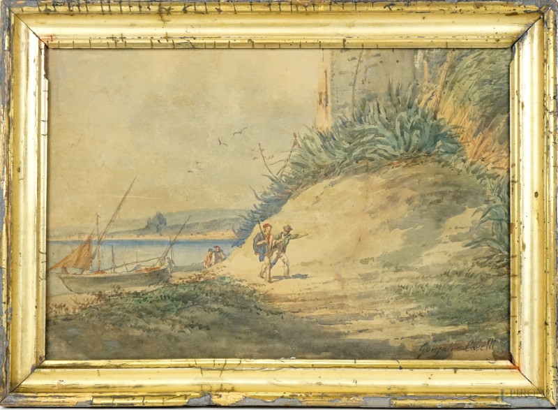 Lido con pescatori, acquarello su carta, cm 30x44, firmato, entro cornice.  - Asta II TORNATA DI ASTA DI ARTE MODERNA E ANTIQUARIATO - Aste Pirone