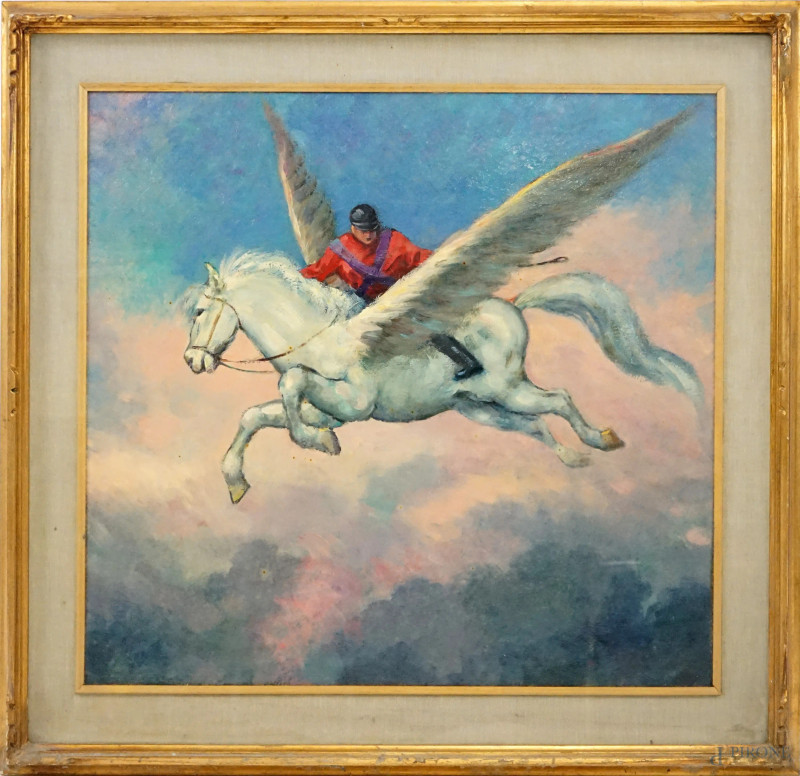 Cavallo alato e fantino, olio su cartone, cm 55x58,5, seconda metà XX secolo, entro cornice.  - Asta ASTA A TEMPO - Aste Pirone