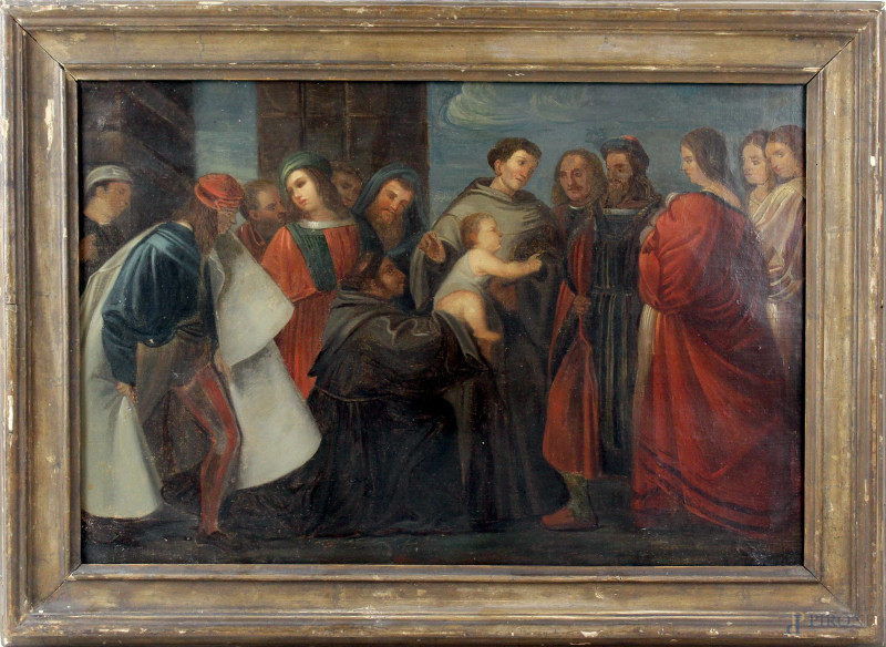 Copia da Tiziano Vecellio (Pieve di Cadore, 1488/1490 - Venezia, 27 agosto 1576), Miracolo del neonato, antico dipinto ad olio su tela, cm 39x58,5, entro cornice, (restauri)  - Asta Asta a Tempo di Antiquariato e Arte Moderna - Aste Pirone