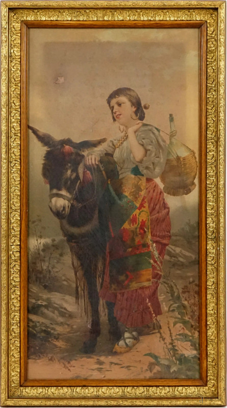 Da Vincenzo Caprile (1856-1936), Contadina con asinello, oleografia Borzino Milano, cm h 87,5x43, fine XIX secolo, entro cornice, (difetti).  - Asta ASTA DI ANTIQUARIATO E ARTE MODERNA - Aste Pirone