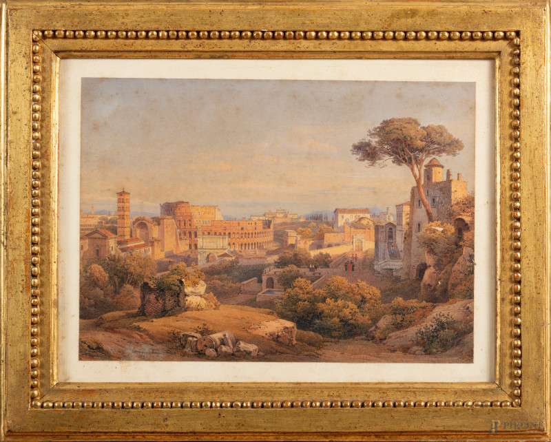 Scorcio di Roma, acquerello su carta, cm 25x35, firmato e datato "Roma 1844" in basso a sinistra, entro cornice, (tracce di umidità, ossidazione della carta, foxing)  - Asta RAPIDA SOLIS - Aste Pirone