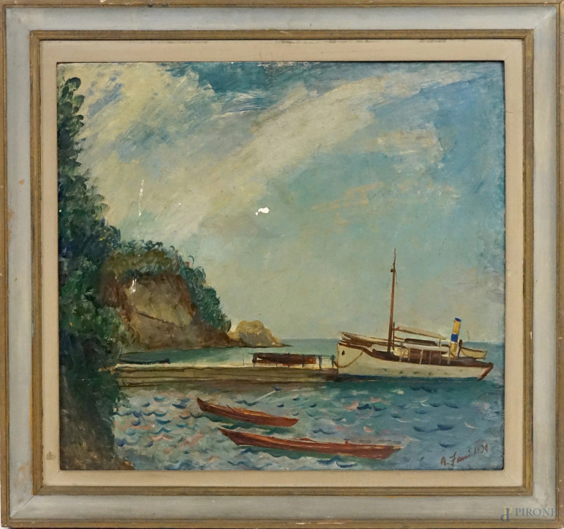 Achille Funi : Marina, olio su tavola, cm 58x64, entro cornice, (cadute di colore sparse).  - Asta Importante Asta Tempo di Antiquariato e Arte moderna - Aste Pirone