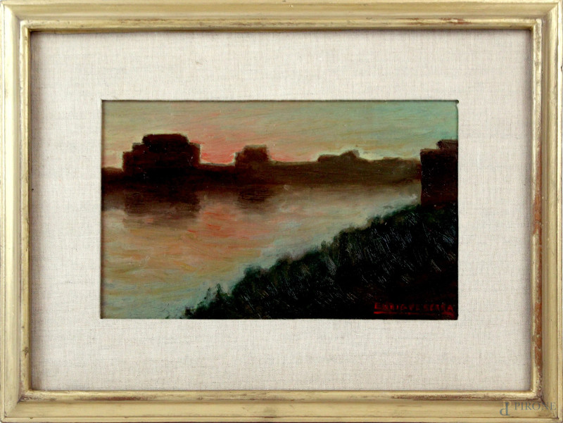 Il Tevere al tramonto, olio su compensato, cm 18x28, firmato, entro cornice.  - Asta Asta a Tempo di Antiquariato e Arte Moderna - Aste Pirone