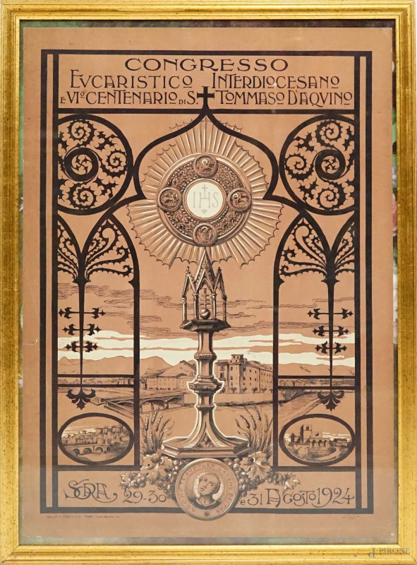 Congresso eucaristico interdiocesano e VI centenario di S.Tommaso d'Aquino, stampa a colori, cm 68x47, 1924, (entro cornice.  - Asta ASTA A TEMPO DI ANTIQUARIATO E ARTE MODERNA – DUE SESSIONI - Aste Pirone