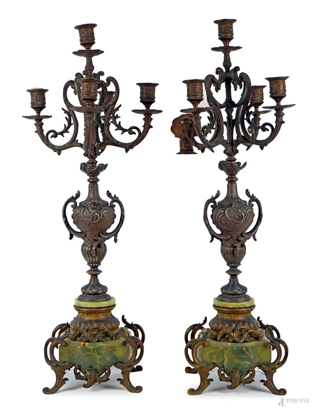 Coppia di candelabri a cinque fiamme in antimonio ed onice, XX secolo, cm h 67 (difetti)  - Asta ASTA DI ANTIQUARIATO E ARTE MODERNA - Aste Pirone