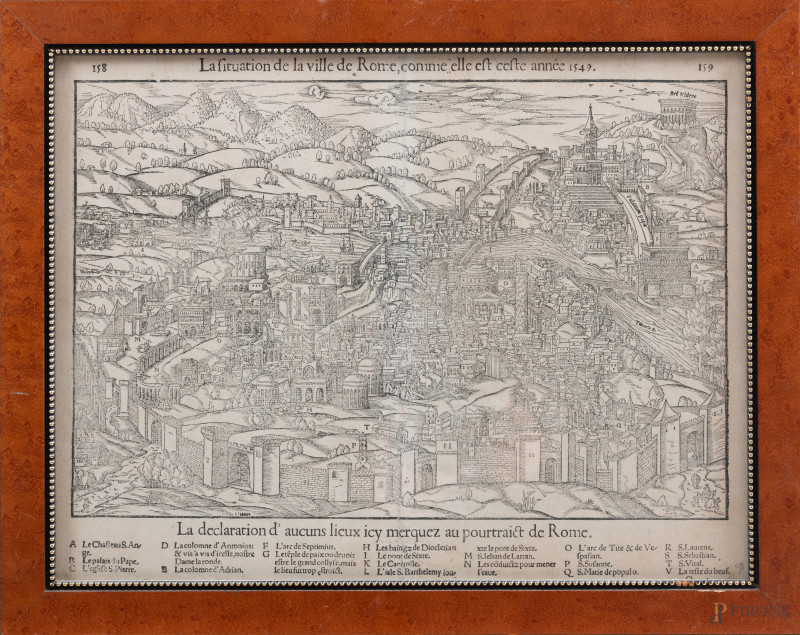 Stampa raffigurante Veduta della Città di Roma nel 1549, XIX secolo, cm 28,5x37,5, entro cornice, (segni di usura, bruniture, segni di piegatura, foxing)  - Asta ASTA A TEMPO | ELECTA - Aste Pirone