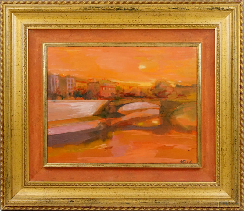 Ugo Attardi : Tramonto sul Tevere, olio su tela, cm 47x58, entro cornice.  - Asta ASTA A TEMPO DI ANTIQUARIATO E ARTE MODERNA - Aste Pirone