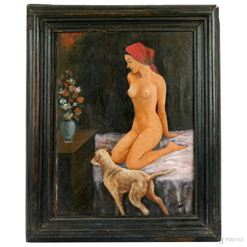 Nudo di donna con cane, olio su tela, cm 30x40, firmato, entro cornice.  - Asta I TORNATA DI ASTA A TEMPO DI ARTE MODERNA E ANTIQUARIATO - Aste Pirone