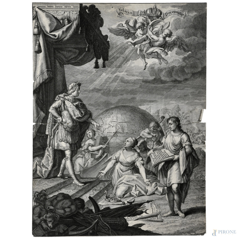 Scena allegorica, XVIII secolo, incisione su carta, cm 39,5x29,5, (segni di usura, tracce di umidità, gore, foxing, lacerazioni della carta, tracce di piegatura)  - Asta RAPIDA SOLIS - Aste Pirone