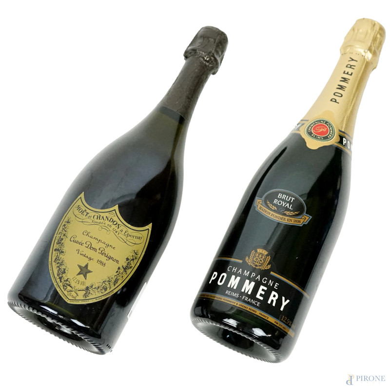 Lotto di due bottiglie di Champagne da 750 ml Moet et Chandon à Epernay e Pommery.  - Asta ASTA A TEMPO DI ANTIQUARIATO E ARTE MODERNA - Aste Pirone