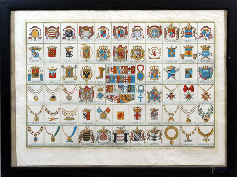 Incisione a colori raffigurante tavola dei gabinetti e delle decorazioni onorifiche delle famiglie reali e nobili della maggior parte delle nazioni, cm 60,5x83, Ediz. Ponte Vecchio, XIX secolo, entro cornice  - Asta ANTIQUARIATO E ARTE MODERNA - Aste Pirone