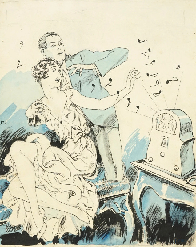 Luigi  Bompard : Radio - Strumento infernale, disegno a tecnica mista su carta, 32,5x26.  - Asta ASTA A TEMPO DI ANTIQUARIATO E ARTE MODERNA – DUE SESSIONI - Aste Pirone