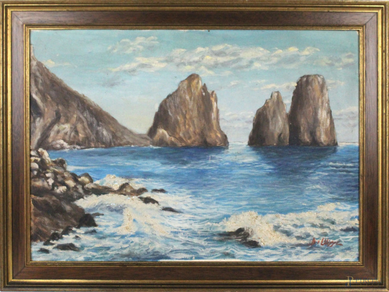 I Faraglioni di Capri, olio su tela, cm 44,5x63, firmato, entro cornice  - Asta PRIMA TORNATA D' ASTA A TEMPO DI FINE STAGIONE - Aste Pirone